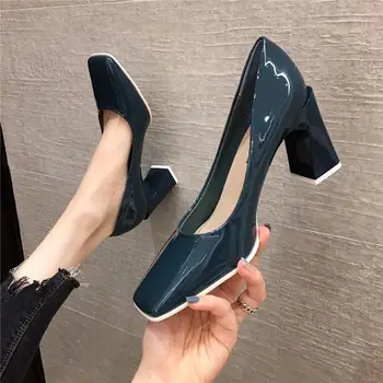 Женская обувь 2023 Офисная женская летняя обувь из обычной кожи Повседневные туфли-лодочки на высоком каблуке с квадратным носком синего цвета Beau Today на каблуке