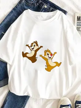 Простая летняя женская футболка Disney с милым рисунком Чипа и Дейла, креативная повседневная универсальная футболка Harajuku с круглым вырезом