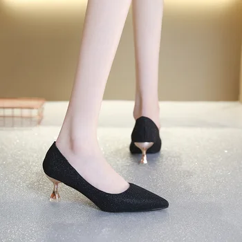 Женские туфли-лодочки на высоком каблуке с острым носком, без застежки, демисезонная женская обувь, модная дышащая обувь для вечеринок, новинка 2023 года, Tacones