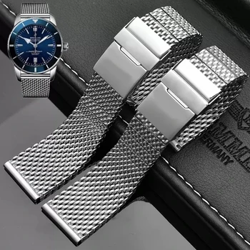 Твердый ремешок для часов из нержавеющей стали 316L для Breitling Wristband со складной пряжкой 22 мм 24 мм Мужской ремешок для часов серебряный сетчатый браслет