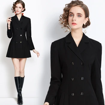 Черное плиссированное платье для костюма с поясом, платье-пиджак HL89160108