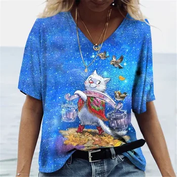 Летняя модная женская футболка с 3D принтом Manga Cat, топы с коротким рукавом, футболки Harajuku с V-образным вырезом, повседневная женская одежда, блузка Оверсайз