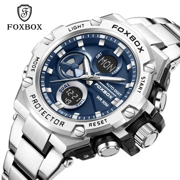 Мужские часы Роскошные Модные Спортивные часы FOXBOX Лидирующий бренд Мужские кварцевые Аналогово-цифровые часы Мужские Водонепроницаемые часы из нержавеющей стали