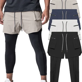 2023 Новые мужские брюки для спорта и отдыха, состоящие из двух частей, состоящие из девяти частей, Тканая рабочая одежда, Спортивные штаны для фитнеса с большим карманом, Большие размеры