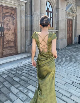Женское элегантное атласное платье с открытой спиной и подвесным ремешком, летняя талия, тонкое сексуальное платье, длинное курортное песочное, бирюзово-зеленое