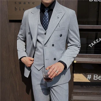 Высококачественный мужской костюм (костюм + жилет + брюки) Свадебный комплект, высококачественный мужской двубортный модный костюм из двух тканей, комплект из 3/2 предметов