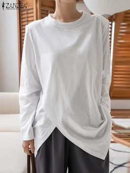 ZANZEA, Корейская модная Женская блузка, Осенние топы с длинным рукавом и нерегулярным подолом, Повседневная Однотонная туника, Женская Базовая футболка, Элегантная Свободная рубашка