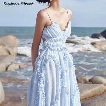 Синее Летнее Пляжное платье Женское Винтажное 2023 с V-образным вырезом, Облегающие платья на бретельках, Оборки без рукавов, Элегантные Vestidos Sexy