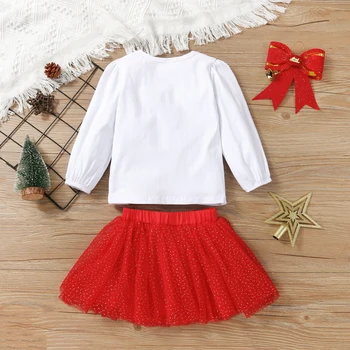 Комплект рождественской одежды для младенцев и маленьких девочек, топы с круглым вырезом и длинными рукавами с принтом оленя + короткая фатиновая юбка в горошек 18 М-6 Т 2021