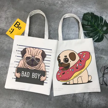 Женская холщовая сумка-тоут с мопсом, эко-сумка для покупок, большая вместительная сумка для плохих собак, женская пляжная сумка для покупок