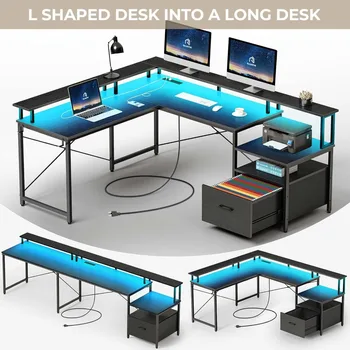 Компьютерный стол с ящиком для папок, 68-дюймовый L-образный компьютерный стол, розетка питания и светодиодная лента, домашний компьютерный стол с витриной
