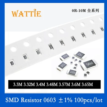 SMD резистор 0603 1% 3,3 М 3,32 М 3,4 М 3,48 М 3,57 М 3,6 М 3,65 М 100 шт./лот микросхемные резисторы 1/10 Вт 1,6 мм *0,8 мм