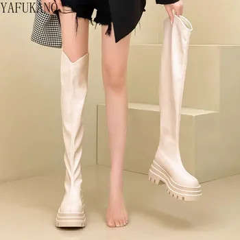 Модные эластичные длинные сапоги выше колена, женские рыцарские сапоги на водонепроницаемой платформе на толстой подошве толщиной 6 см, высокие нескользящие сапоги повышенной прочности