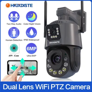 6-Мегапиксельная Wi-Fi PTZ IP-камера Наружная с двумя объективами и двойным экраном с 50-кратным зумом для обнаружения человека Беспроводная камера видеонаблюдения iCSee