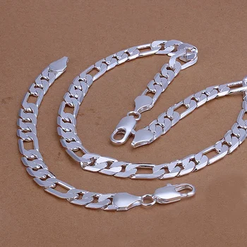оптовая продажа высококачественного европейского стиля ретро для мужчин, цепочка Фигаро 12 мм, модное ожерелье серебряного цвета, браслеты, ювелирный набор