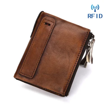 Мужской мини-кошелек из натуральной кожи с защитой от RFID, сумка для денег, карман для монет, держатель кредитной карты, Короткий кошелек-клатч из воловьей кожи на двойной молнии