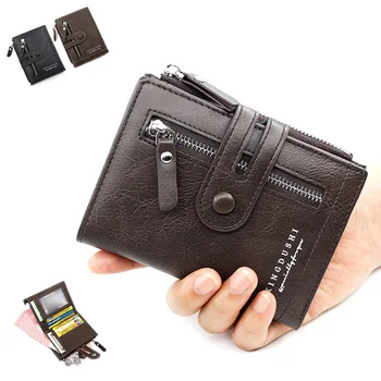 Мужской короткий кошелек, Кошельки на кнопке, Двойной карман для удостоверения личности /кредита, Винтажный простой мужской держатель для карт из искусственной кожи, мини-кошелек на молнии, сумка для денег