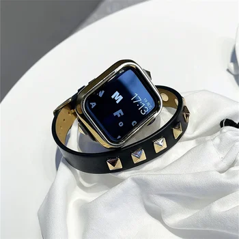 Дизайн в стиле хип-хоп Рок с заклепками Double Tour Кожаный Ремешок Для Apple Watch 41 мм 45 мм 42 44 мм Классный Ремешок Для Iwatch Серии 7 6 SE 5 4 3 2