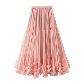 Негабаритный дизайн, модная сетчатая розовая юбка, женские кружевные юбки трапециевидной формы с большим подолом, длинные юбки для вечеринок для женщин, сладкий грибок