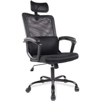 Офисный стул с поясничной поддержкой, Регулируемый подголовник, Подлокотники и колеса, Сетчатая высокая спинка, поворотный ролик (черный)