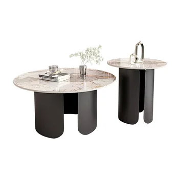 Итальянский современный свет, роскошный круглый журнальный столик из постмодернистского металла и мраморного сланца, комбинация боковых столиков