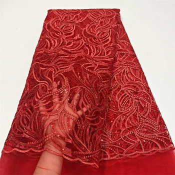 Новейшая Африканская кружевная ткань 5 ярдов Высококачественного Красного вечернего платья с вышивкой пайетками, Французского тюля, Нигерийской кружевной ткани 2023 г.