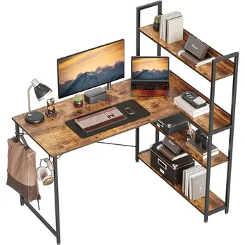 Компьютерный угловой стол с полками для хранения, 47-дюймовый маленький компьютерный стол L-образной формы, письменный стол для домашнего офиса с 2 крючками