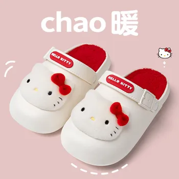 Sanrio Hello Kitty Kuromi Cinnamoroll, Милые повседневные нескользящие и теплые хлопчатобумажные тапочки, зимняя водонепроницаемая обувь в стиле Аниме, подарки