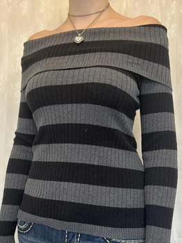 Женский сексуальный укороченный топ с открытыми плечами, осенний свитер с квадратным вырезом и длинным рукавом, блузка Y2k для выхода в свет, топы в рубчик