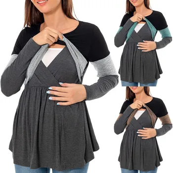 Футболка для беременных женщин с длинным рукавом в стиле пэчворк, топы для кормления грудью, блузка для грудного вскармливания, одежда для беременных, пуловер