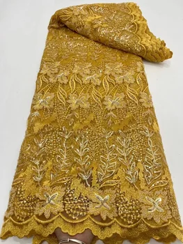 Новейшая Золотая Африканская кружевная ткань 2023 г. Высококачественное Бисерное кружево Французская Бисерная сетка Сетчатая Кружевная ткань С блестками Нигерийское вечернее платье
