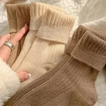 Женские зимние носки, сохраняющие тепло, Кашемировая шерсть, утепленные снегом, мягкие повседневные однотонные длинные носки для девочек в японском стиле