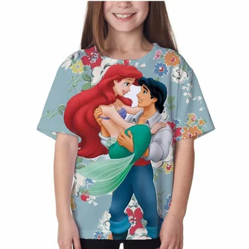 Летняя детская футболка, новая толстовка Disney Mermaid Ariel Princess, футболка с круглым вырезом и принтом, повседневная детская футболка с героями мультфильмов