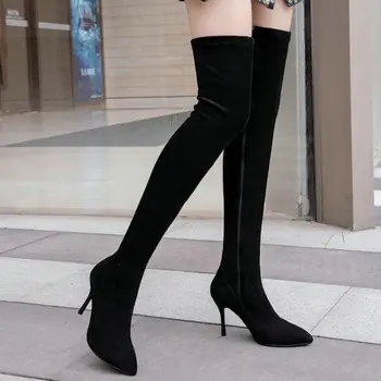 Однотонные черные пикантные женские ботильоны на тонком высоком каблуке, зимние сапоги до колена, женская обувь, женские сапоги выше колен