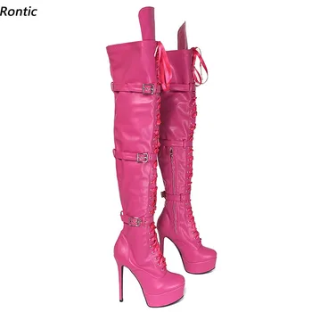 Rontic Индивидуальные женские зимние длинные ботинки на платформе и шпильке С круглым носком, красивая обувь для косплея цвета фуксии, Размер 5-20