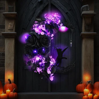 Знаки Хэллоуина Дверные венки в форме Луны Готические Розы Черные Кошки Гирлянда Украшение входной двери Декор на Хэллоуин, B Прочный