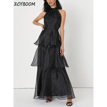 Элегантное черное вечернее платье без рукавов с высоким вырезом и открытой спиной, трапециевидной формы, длиной до пола, из органзы на молнии, сшитое на заказ для выпускного вечера.
