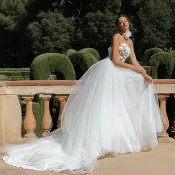 Женское свадебное платье в стиле бохо Трапециевидной формы, простые свадебные платья из тюля без бретелек, 3D цветочные кружевные аппликации, Vestidos De Novia с открытой спиной