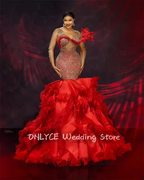 Традиционные Свадебные платья Африканской Красной Русалки 2023 года, украшенные кристаллами, бисером, перьями, свадебные платья с пышным низом, Vestido De Novia