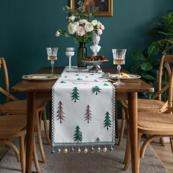 Настольная дорожка Рождественская Жаккардовая Сосна, Олень, контрастная ткань для стола, Фестивальный чайный столик, кровать, флаг
