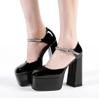 Летние Черные туфли-лодочки из лакированной кожи телесного цвета с кристаллами и бриллиантами на высоком каблуке 13 см, Женские туфли-лодочки на платформе 5 см, туфли-лодочки с блестящей пряжкой