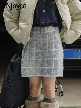 ENjoyce 2023 Зимняя Винтажная шерстяная вязаная короткая юбка в клетку для женщин, Корейские модные теплые юбки с высокой талией, уличная одежда трапециевидной формы