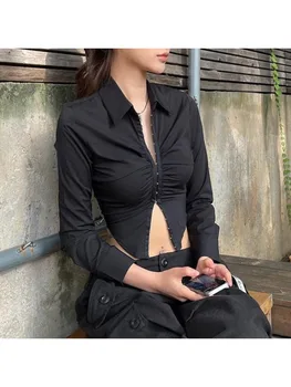 Топы-кардиганы Harajuku в винтажном стиле Поло в складку, сексуальная рубашка в стиле ретро нерегулярной формы с длинным рукавом, осенний топ 2023, новая модная женская одежда