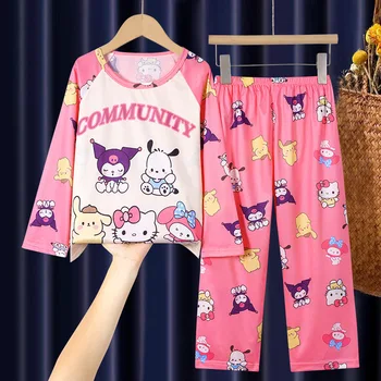 Hello Kitty Sanrio Kawaii Аниме Демисезонный Комплект Одежды Для Отдыха Милый Cinnamoroll Kuromi Мультфильм Досуг Детская Пижама Подарки Для Девочек