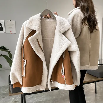 Женские куртки, осенне-зимние женские топы, свободные пальто из овечьей шерсти, пальто на молнии в тон, толстая модная мотоциклетная куртка