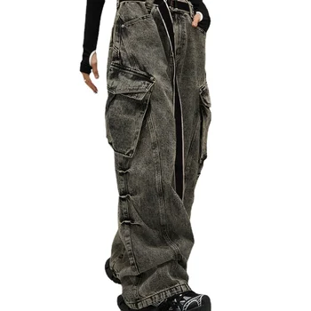 Женская технологичная одежда в стиле Wasteland, авангардные потертые джинсы с большими карманами, американский ретро-комбинезон, мужские дизайнерские брюки-швабры