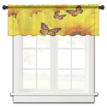 Букет желтых бабочек с подсолнухом, Короткие прозрачные занавески на окно, Тюлевые занавески для кухни, спальни, домашнего декора, Маленькие вуалевые шторы