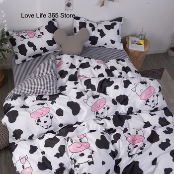 Черно-белый Комплект постельного белья в полоску с коровами Cartooon Милые животные В натуральную величину для детей и взрослых, Решетчатая простыня с наволочками