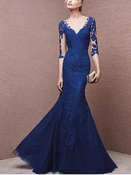 Синее платье с V-образным вырезом и короткими рукавами, тюлевое кружево, плюс размер, платье Русалки для матери невесты, Торжественная вечеринка, свадьба 2023 года