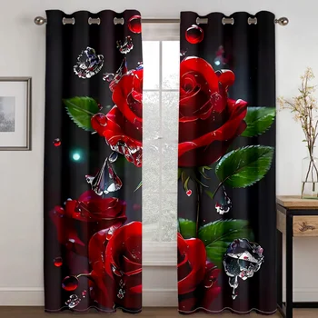 Занавеска с пейзажным принтом из 2шт красных роз для спальни, офиса, гостиной, Дизайн натуральных цветочных растений, обработка окон с карманом на штанге